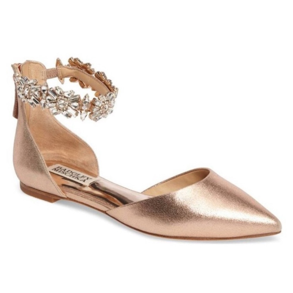 Badgley Mischka || Morgen Crystal Ankle Strap Flats Formal Bridal Rose Gold 9